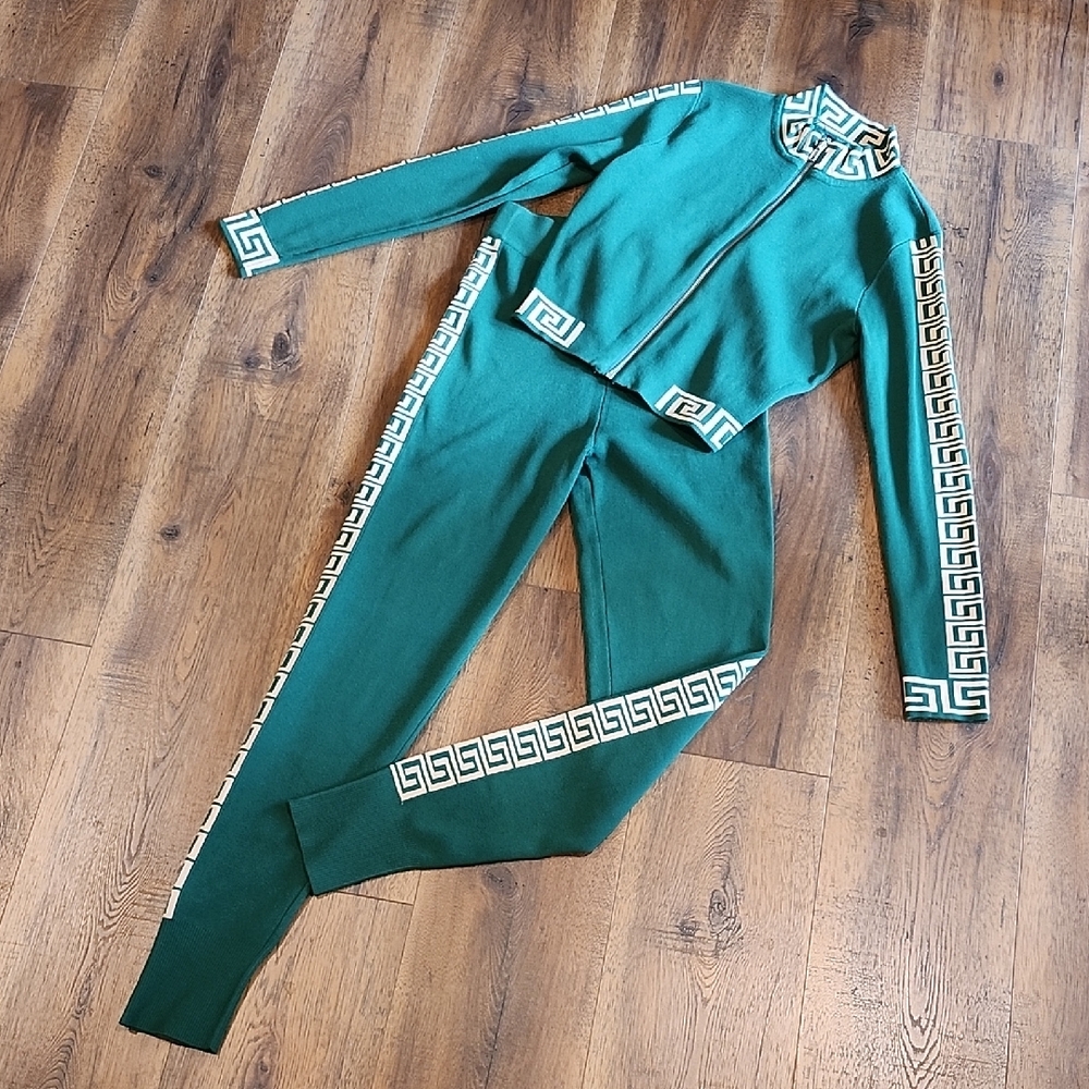 Fashion Nova Green Zip-Up Jog Set with Cream Greek Key Design In Medium